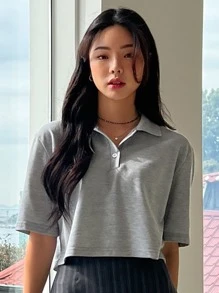 DAZY 純色開襟短袖上衣 - 灰色 - 查看 1