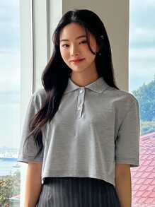 DAZY 純色開襟短袖上衣 - 灰色 - 查看 6