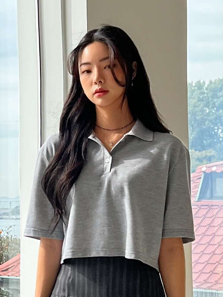 DAZY Solid Button Front Crop Tee - Grey - View 7
