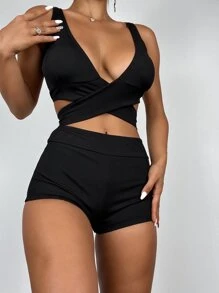 SHEIN Swim Sọc Bộ Bikini Thánh giá Buộc lại Áo ba lỗ & Quần đùi nam 2 mảnh Bộ đồ tắm - màu đen - Xem 1