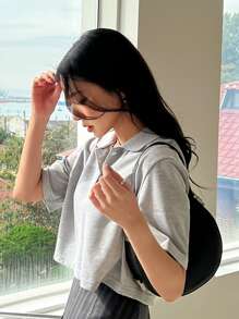 DAZY 純色開襟短袖上衣 - 灰色 - 查看 8