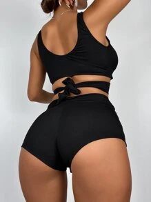 SHEIN Swim Sọc Bộ Bikini Thánh giá Buộc lại Áo ba lỗ & Quần đùi nam 2 mảnh Bộ đồ tắm - màu đen - Xem 2