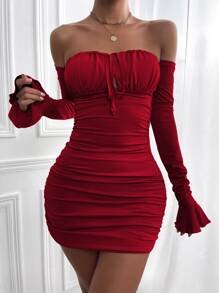 SHEIN SXY Off Shoulder Backless Flounce Sleeve Ruched Bodycon Dress - Burgundy - View 5