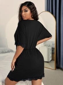 Plus Lace Trim Plunge Neck Night Dress - Black - View 2
