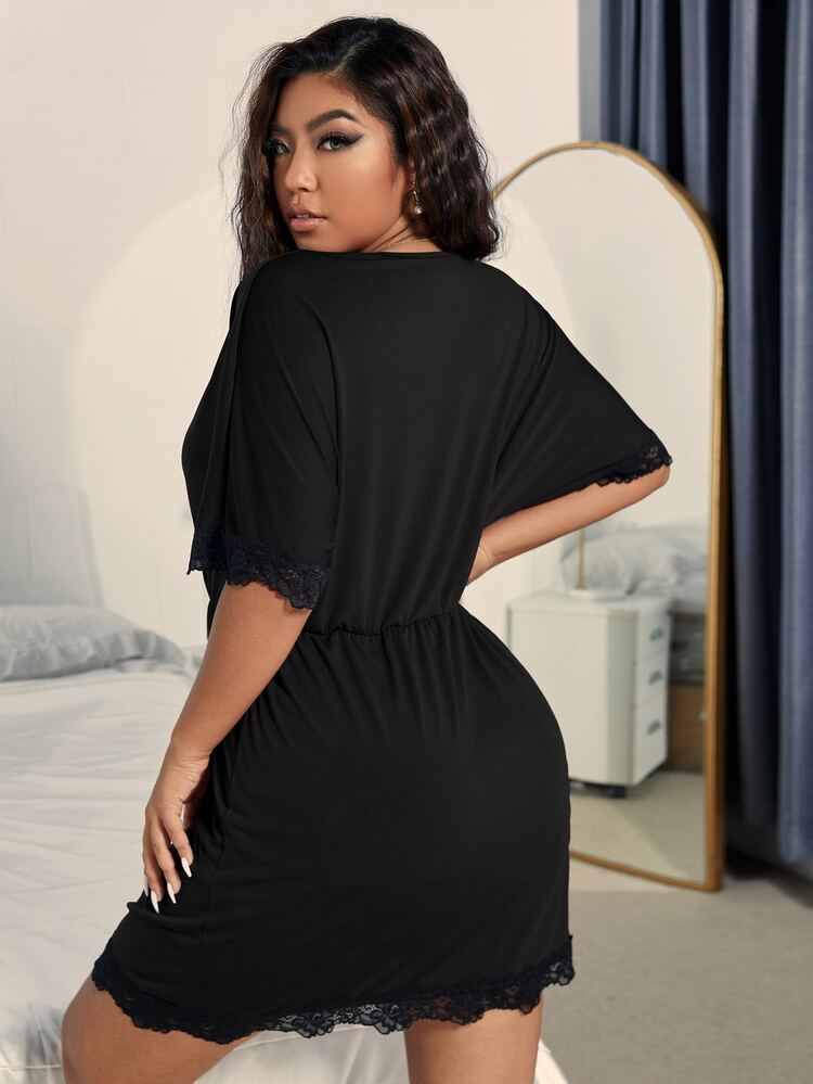 Plus Lace Trim Plunge Neck Night Dress - Black - View 2