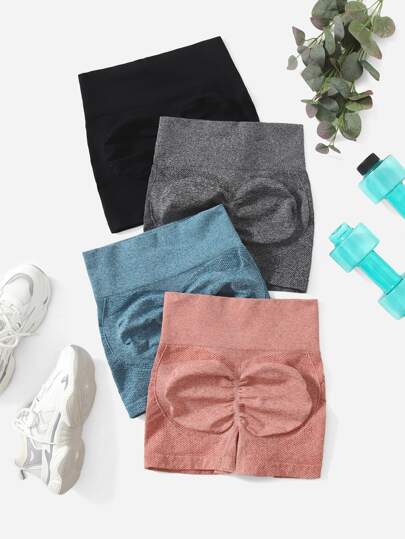 4 pezzi Shorts sportivi senza cuciture vita a banda larga dettaglio occhiello con cuciture a contrasto