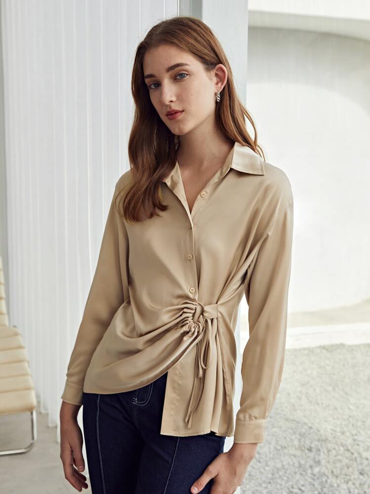 MOTF PREMIUM RUCHED DRAWSTRING BLOUSE - Khaki - View 1