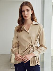 MOTF PREMIUM Blusa fruncido con cordón - Caqui - Ver 3