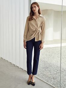 MOTF PREMIUM Blusa fruncido con cordón - Caqui - Ver 4