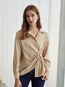 MOTF PREMIUM Blusa fruncido con cordón - Caqui - Ver 5