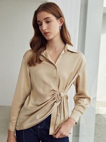 MOTF PREMIUM Blusa fruncido con cordón - Caqui - Ver 6