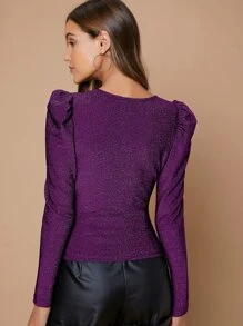 SHEIN Privé 羊腿袖交叉圍裹前閃亮上衣 - 紫色 - 查看 2