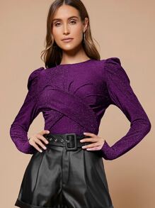 SHEIN Privé 羊腿袖交叉圍裹前閃亮上衣 - 紫色 - 查看 4
