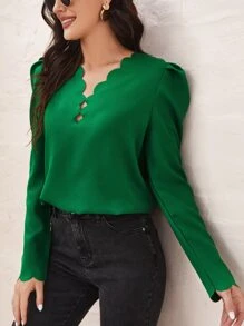 SHEIN Clasi Áo sơ mi nữ Cắt ra Sò điệp màu trơn Thanh lịch - màu xanh lá - Xem 1