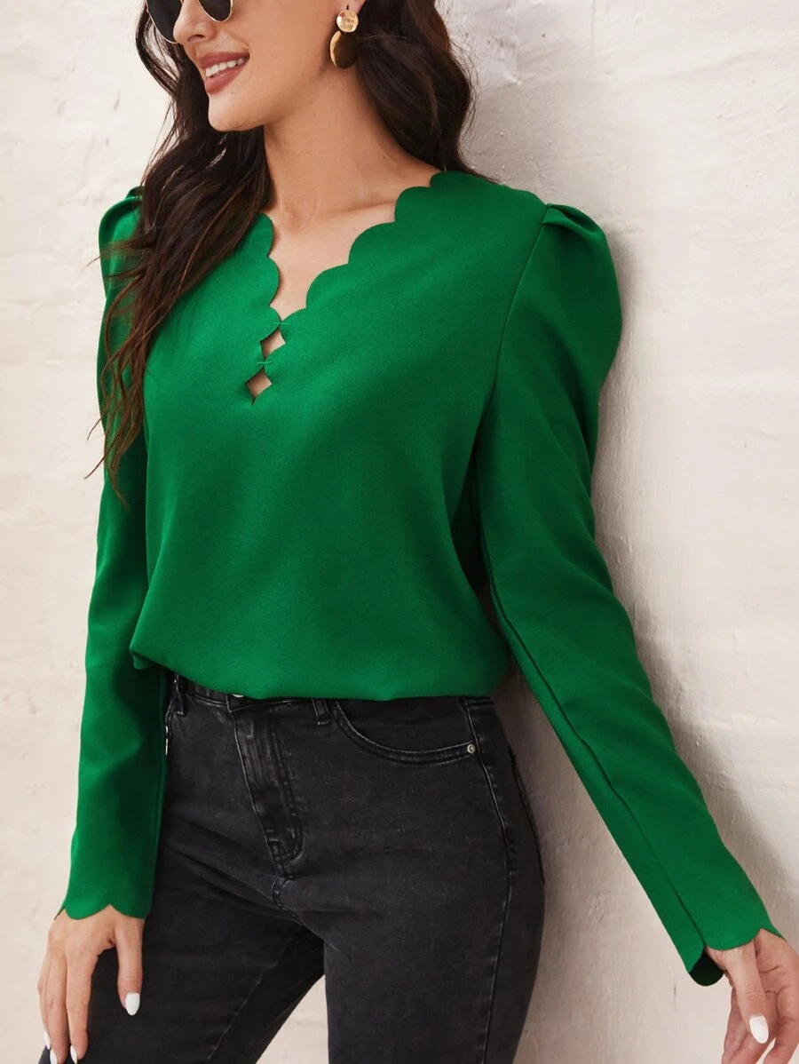 SHEIN Clasi Áo sơ mi nữ Cắt ra Sò điệp màu trơn Thanh lịch - màu xanh lá - Xem 1