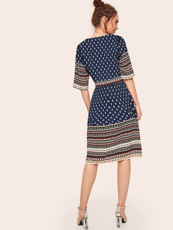 Aztec Print V-neck Self Tie Dress | SHEIN USA