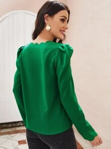 SHEIN Clasi Áo sơ mi nữ Cắt ra Sò điệp màu trơn Thanh lịch - màu xanh lá - Xem 2