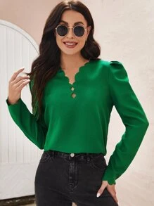 SHEIN Clasi Áo sơ mi nữ Cắt ra Sò điệp màu trơn Thanh lịch - màu xanh lá - Xem 3