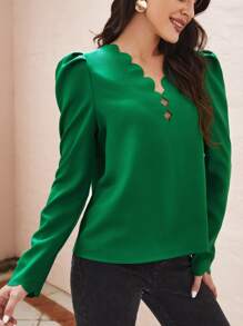 SHEIN Clasi Áo sơ mi nữ Cắt ra Sò điệp màu trơn Thanh lịch - màu xanh lá - Xem 5