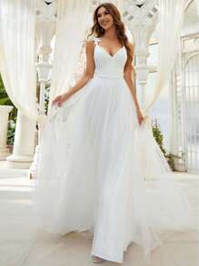 EVER-PRETTY Elegantes Brautkleid mit Spitzen- und Netzeinsätzen, weiß, für Sommer Garten- und Rasenhochzeiten