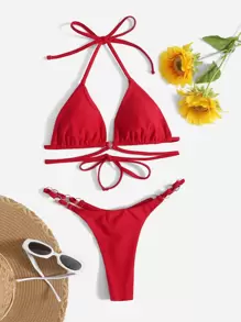 SHEIN Swim Bikini de triángulo halter sólido para playa en verano - Rojo - Ver 3
