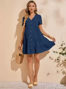 SHEIN Maternity Buttoned Front Smock Dress - Navy Blue - View 1