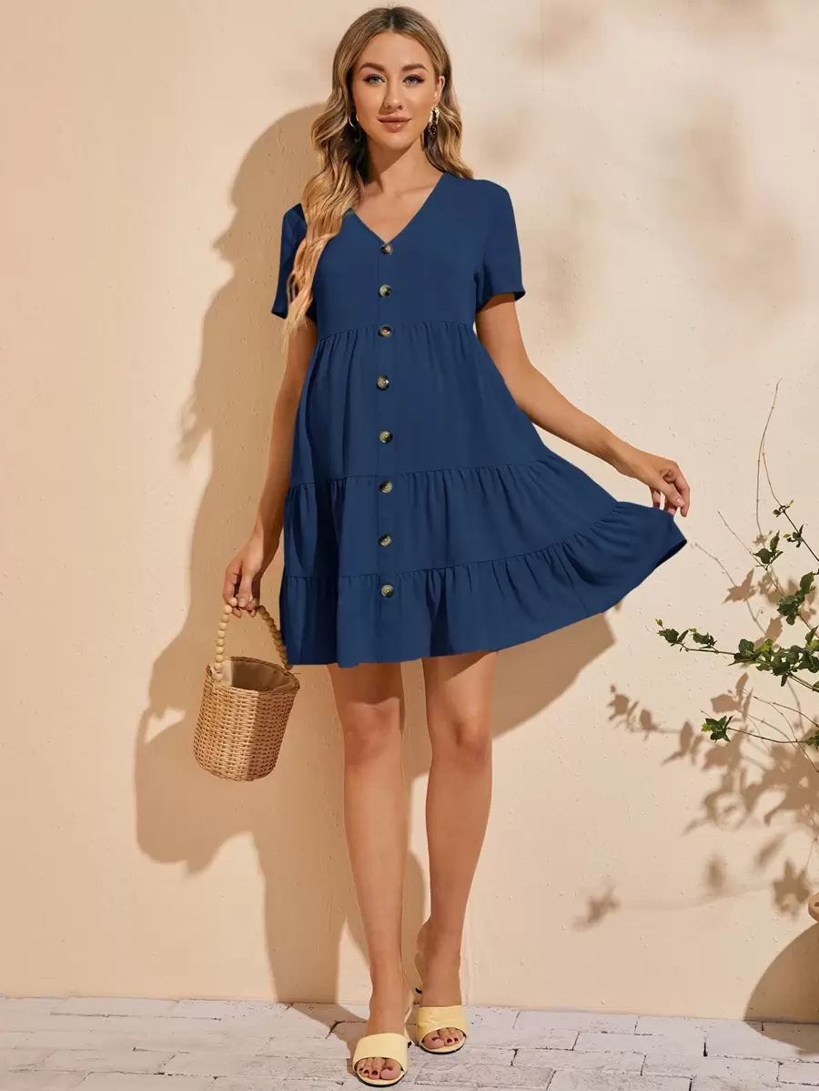 SHEIN Maternity Buttoned Front Smock Dress - Navy Blue - View 1