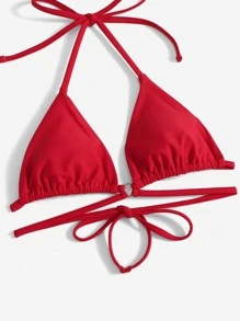 SHEIN Swim Bikini de triángulo halter sólido para playa en verano - Rojo - Ver 4