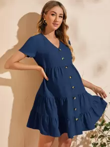 SHEIN Maternity Buttoned Front Smock Dress - Navy Blue - View 3