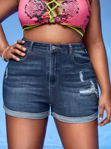 SHEIN SXY Plus Roll Up Hem High Waist Ripped Denim Shorts - Dark Wash - View 1