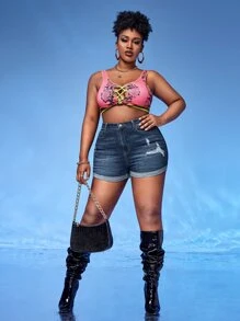 SHEIN SXY Plus Roll Up Hem High Waist Ripped Denim Shorts - Dark Wash - View 5