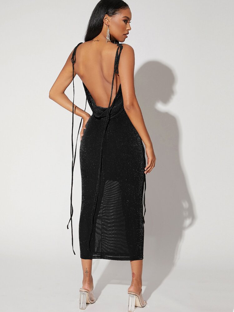 SHEIN BAE Tied Shoulder Backless Glitter Dress - Black - View 1