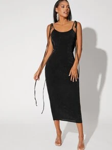 SHEIN BAE 肩部打結露背亮片洋裝 - 黑色 - 查看 2