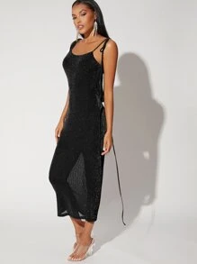 SHEIN BAE 肩部打結露背亮片洋裝 - 黑色 - 查看 4