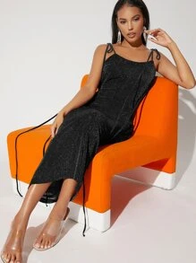 SHEIN BAE 肩部打結露背亮片洋裝 - 黑色 - 查看 5