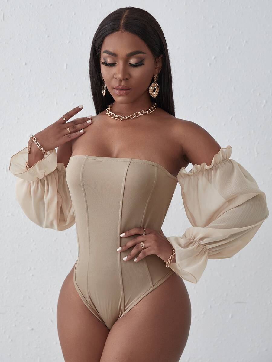 SHEIN Slayr Off Shoulder Bishop Sleeve Bodysuit - Apricot - View 1