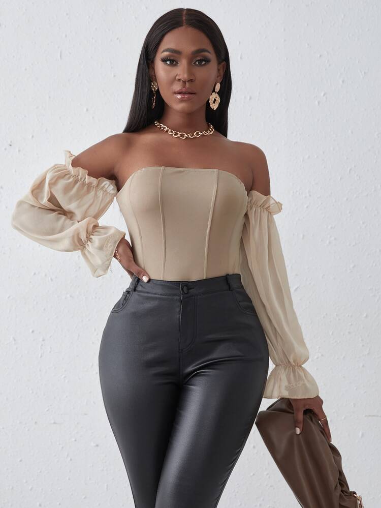 SHEIN Slayr Off Shoulder Bishop Sleeve Bodysuit - Apricot - View 4