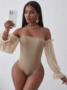 SHEIN Slayr Off Shoulder Bishop Sleeve Bodysuit - Apricot - View 5