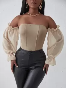 SHEIN Slayr Off Shoulder Bishop Sleeve Bodysuit - Apricot - View 6