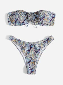 SHEIN Swim Summer Beach Paisley Print Bikini Set Bandeau Wireless Bra Top & High Cut Bikini Bottom 2 Pieces Bikini - Multicolor - View 1