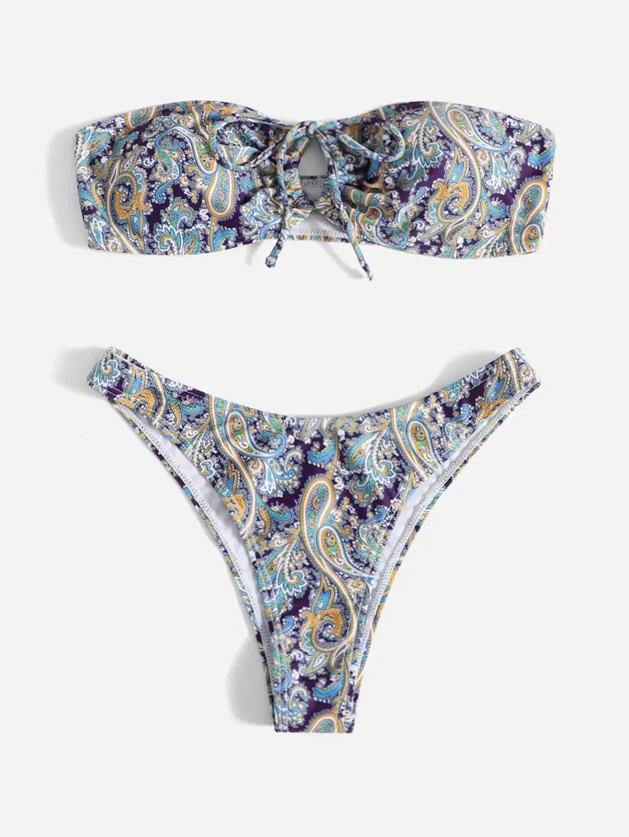 SHEIN Swim Summer Beach Paisley Print Bikini Set Bandeau Wireless Bra Top & High Cut Bikini Bottom 2 Pieces Bikini - Multicolor - View 1