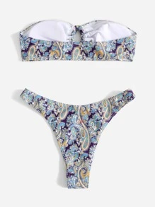 SHEIN Swim Summer Beach Paisley Print Bikini Set Bandeau Wireless Bra Top & High Cut Bikini Bottom 2 Pieces Bikini - Multicolor - View 2