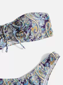 SHEIN Swim Summer Beach Paisley Print Bikini Set Bandeau Wireless Bra Top & High Cut Bikini Bottom 2 Pieces Bikini - Multicolor - View 3