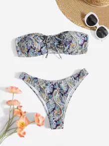 SHEIN Swim Summer Beach Paisley Print Bikini Set Bandeau Wireless Bra Top & High Cut Bikini Bottom 2 Pieces Bikini - Multicolor - View 4