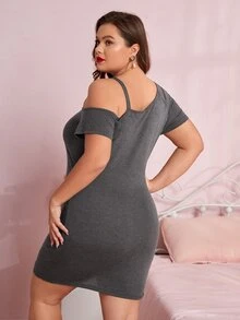 SHEIN Đầm mặc nhà Kích Thước Lớn Bất đối xứng xoắn lại màu trơn Giải trí - Màu xám đen - Xem 2