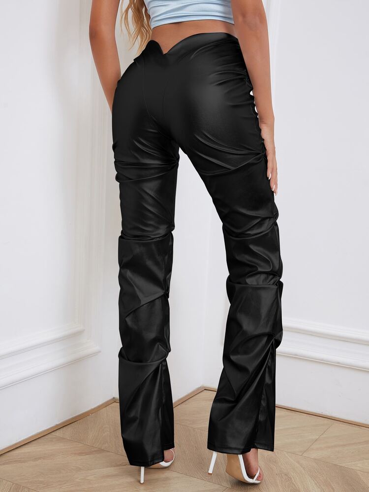 Ruched V-cut Waist PU Leather Trousers - Black - View 2