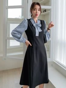 DAZY 拼色灯笼袖系带二合一连衣裙，职业女性服装，秋季服装 - 黑色 - 查看 1