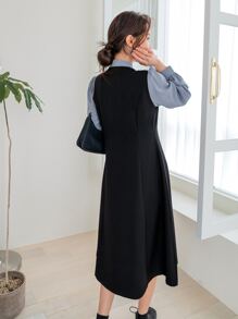DAZY 拼色灯笼袖系带二合一连衣裙，职业女性服装，秋季服装 - 黑色 - 查看 2