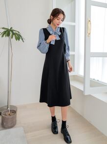 DAZY 拼色灯笼袖系带二合一连衣裙，职业女性服装，秋季服装 - 黑色 - 查看 4