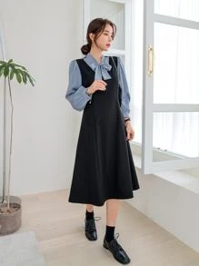 DAZY 拼色灯笼袖系带二合一连衣裙，职业女性服装，秋季服装 - 黑色 - 查看 5